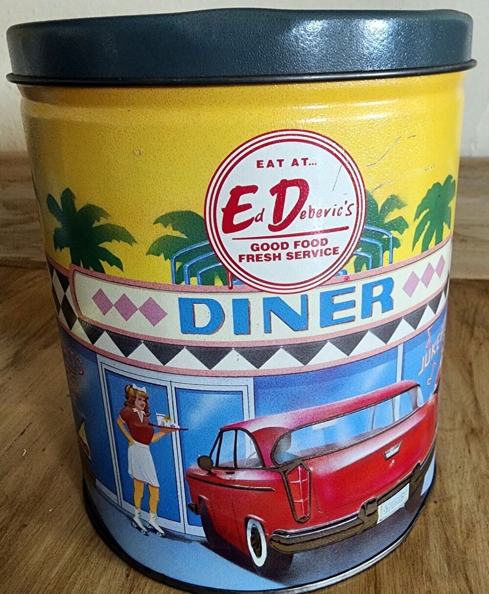 1994 Eat at Ed Debenic's Diner Advertising Tin Metal Olive Can & Cover Old Cars